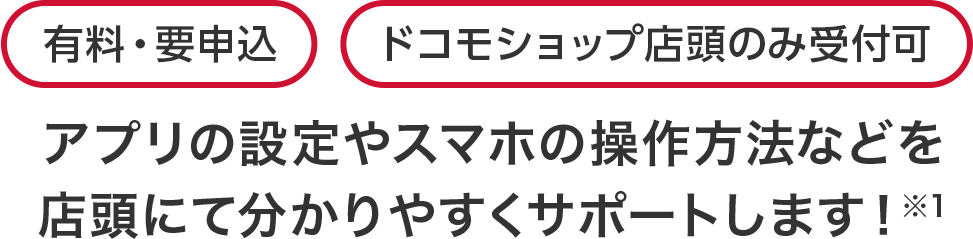 有料・要申込 ドコモショップ店頭のみ受付可 アプリの設定やスマホの操作方法などを店頭にて分かりやすくサポートします！※1